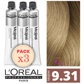 L`Oréal - Pack 3 Tintes MAJIREL 9.31 Rubio Muy Claro Dorado Ceniza 50 ml